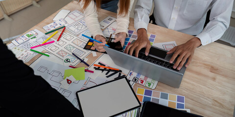 Brainstorm team of creative web graphic designer planning, Group of mobile phone app developer team...