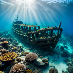 A sunken shipwreck resting on the ocean floor, surrounded by vibrant coral reefs teeming with...