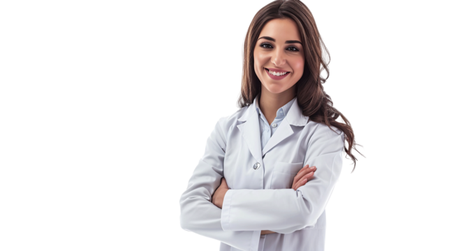 A happy female pharmacist standing with your arms crossed with confidence, transparent, isolated on white.