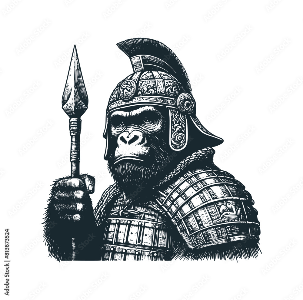 Canvas Prints  The chinese ape warrior. Black white vector illustration