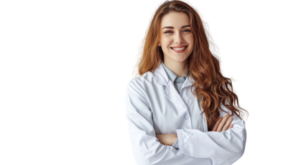 A happy female pharmacist standing with your arms crossed with confidence, transparent, isolated on white.