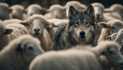 wild wolf with its head seen among the flock of sheep in the barn
