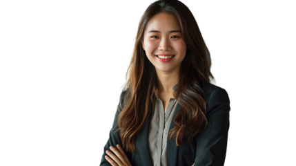 Asian young business woman standing in an office smiling confidently. transparent, isolated on white.