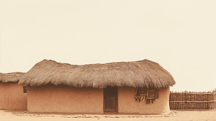Simple mud hut with thatched roof, rural scene.
