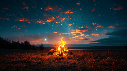 During a night hike taken picture of a lake with campfire and starry sky.