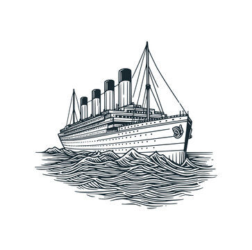 recommend clip art: The Titanic steamboat ship. Black white vector illustration.