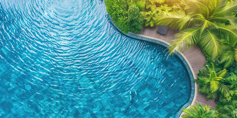 Top view of an outdoor swimming pool on a tropical island surrounded by greenery and palm trees at a luxury hotel.