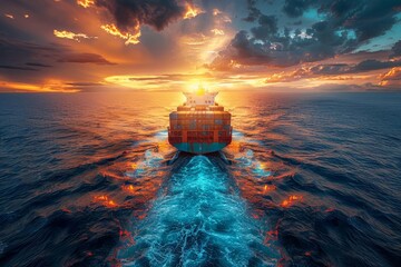 A large container ship sails through a vibrant sunset