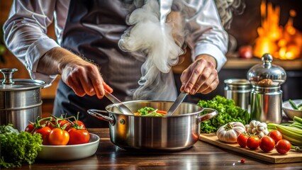Cooking Process: A captivating image capturing the process of cooking, such as hands preparing a meal, steam rising from a pot, or ingredients being sautéed in a pan.	
