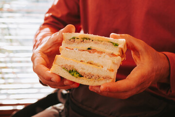 Male hands holding a double sandwich close-up. Concept of a delicious toasts with fish filling