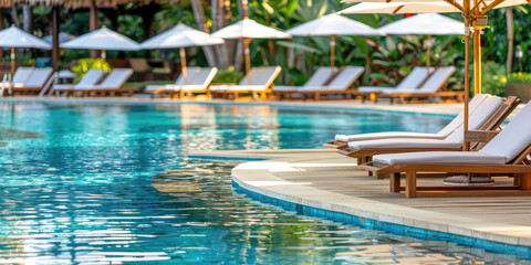 Umbrella and beach chair around outdoor swimming pool in hotel resort at tropical resort, nobody.