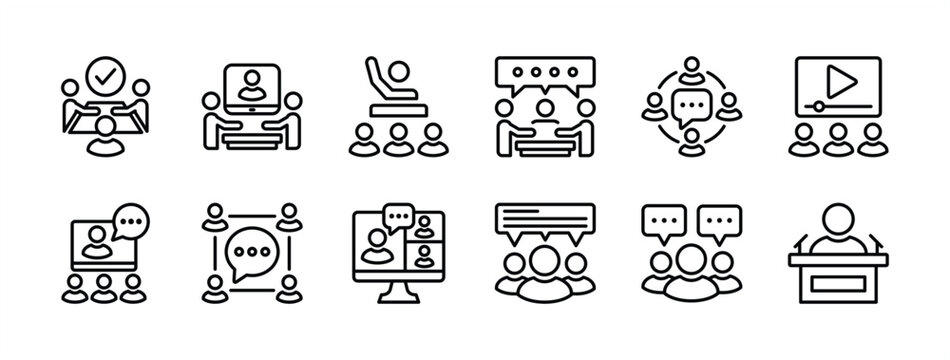 Business training thin line icon set. Containing conference, presentation, education, coaching, communication, discussion, meeting, learning, online video, classroom. Vector illustration