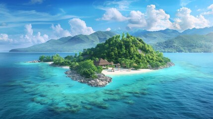 Fototapeta premium A pristine tropical island surrounded by turquoise waters, a paradise getaway for sun, sea, and relaxation.