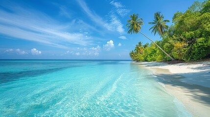 Naklejka premium A pristine tropical island surrounded by turquoise waters, a paradise getaway for sun, sea, and relaxation.