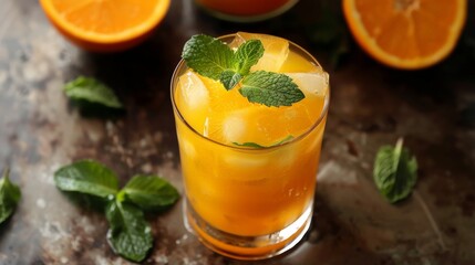 A refreshing orange juice cocktail garnished with mint leaves, the perfect blend of sweetness and zest.