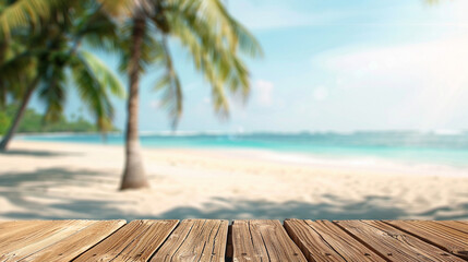 Fototapeta premium Wooden table in front of tropical background for mockup