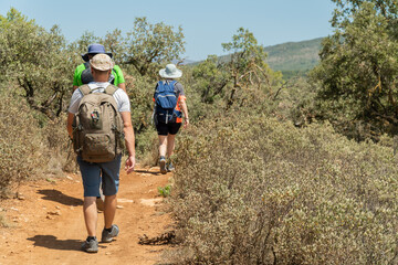 Unrecognizable people hiking outdoors on a hot summer day