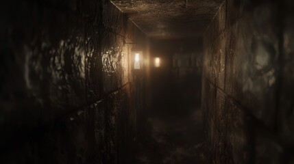 A dimly lit hallway in an abandoned building, featuring eerie, reflecting light fixtures that cast mysterious shadows along the textured walls.