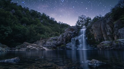 A serene waterfall flows under a star-studded night sky, creating a magical and peaceful landscape in a secluded mountainous area.