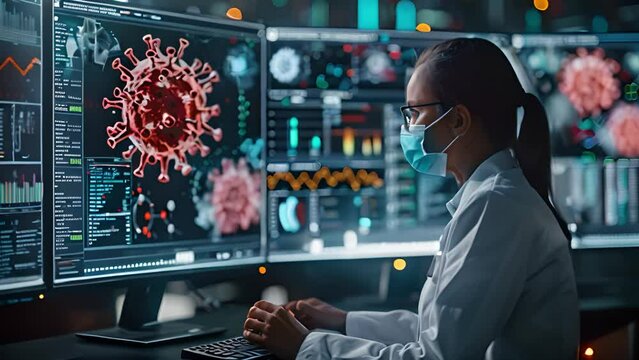 Researcher in lab coat and mask studying virus simulations 