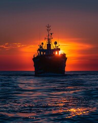 Fototapeta premium A large ship sails into the sunset