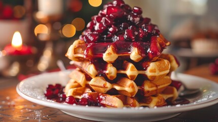 A stack of golden waffles topped with caramelized fruit compote, a decadent dessert for a special occasion.