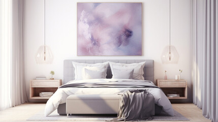 Minimalist bedroom interior with a large abstract painting in purple and pink hues,?????????????????