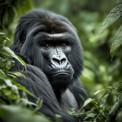 Obraz premium The mountain gorilla, with its thick fur and powerful build, is depicted in the image within the lush forests of the Virunga Mountains in Central Africa. Its expressive eyes 