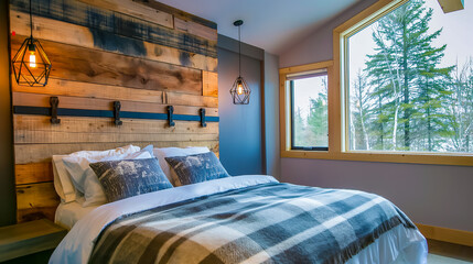 Cozy Rustic Bedroom with Reclaimed Wood Wall, Plaid Bedding, and Forest Views