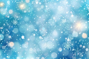 Obraz premium Blue winter background with snow, snowflakes, bokeh. Random falling snow flakes wallpaper. Snowfall many dust freeze granules. Sky white teal blue backdrop. Christmas poster. Xmas cian colored banner