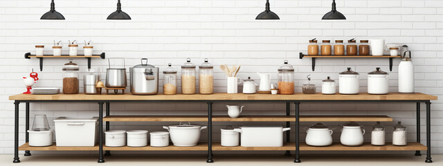 Organized kitchen with wooden shelves and white containers.