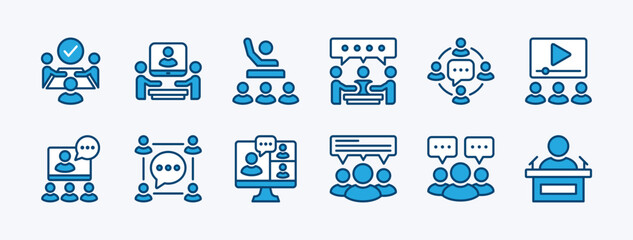 Set of business training icon. Containing conference, presentation, education, coaching, communication, discussion, meeting, learning, online video, classroom. Vector illustration