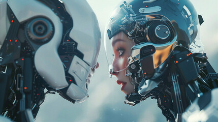 A beautiful and haunting image of a human and a robot face to face, exploring themes of love, longing, and the nature of humanity.