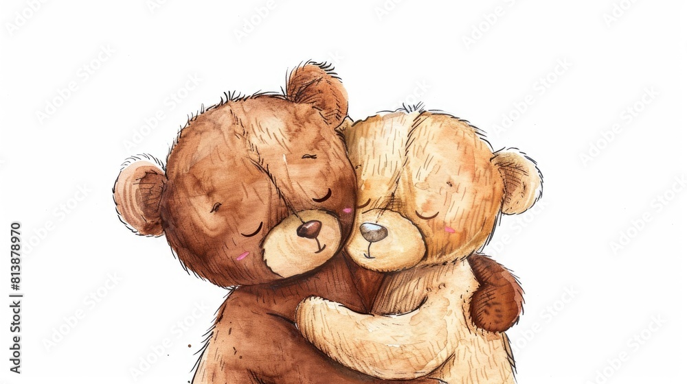 Wall mural A charming hand drawn watercolor illustration of a brown Teddy Bear perfect as a Valentine s Day gift The image features a delightful cartoon of two adorable bears affectionately embracing  - Wall murals