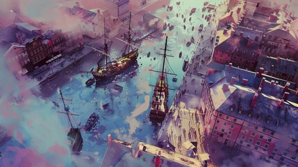 Capture a birds-eye view of the iconic Boston Tea Party using vibrant watercolors