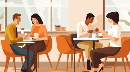 A group of diverse people enjoying coffee in a modern cafe, chatting and relaxing in a warm and inviting atmosphere.