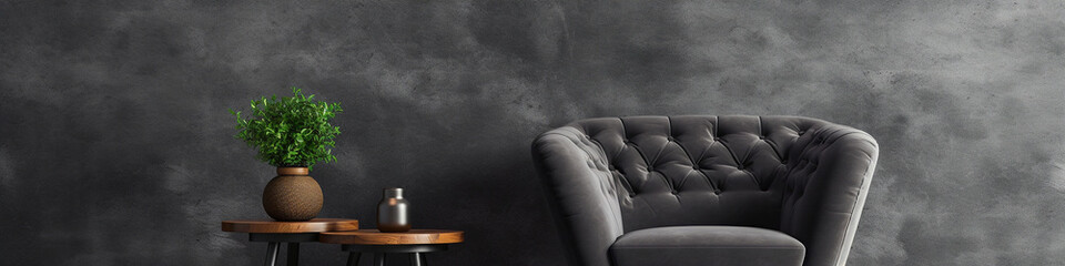 Fototapeta premium Minimalist home interior with a gray armchair, plant, and table against a dark textured concrete wall