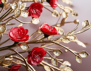Ruby Rose Radiance: 3D Wallpaper with Gold Branches