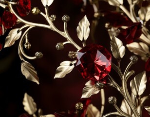 Gilded Garden Glamour: 3D Wallpaper with Red Diamonds and Gold Branches