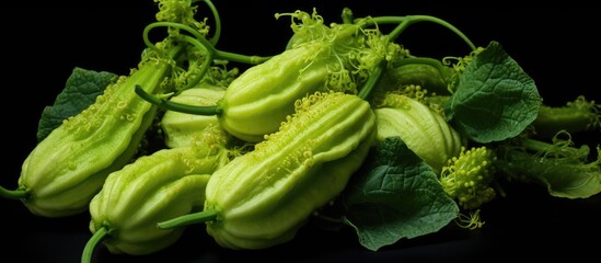 A vibrant bunch of momordica charantia also known as bitter melon goya bitter apple or balsam pear is shown in a closeup copy space image on a black background
