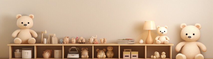 Cute and cuddly teddy bears and toys on a shelf in a warm and inviting room.