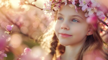 Naklejka premium A young girl wearing a flower crown, embracing her inner princess with the beauty of blooming blossoms.