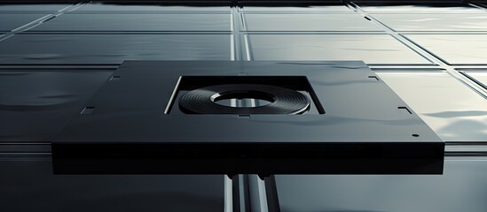 A Type A black floppy disk rests on the clean white floor with ample copy space image