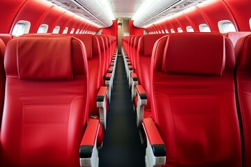 Bright red seats line the aisle of an empty airplane cabin, depicting modern air travel comfort