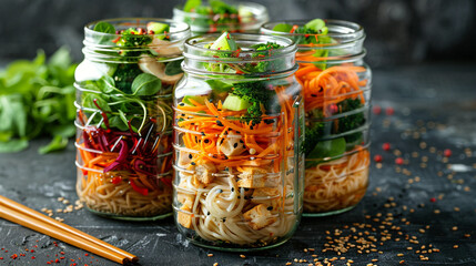 Four glass jars with various noodles and vegetables in a dark background