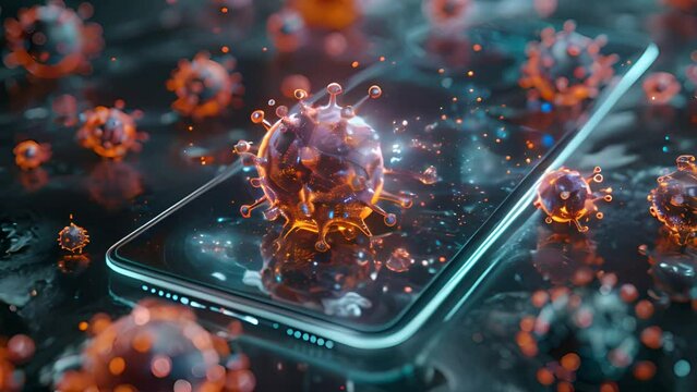 Digitally rendered viruses on a mobile phone indicating contamination risks.