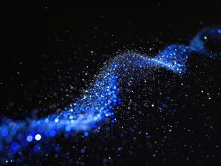 blue trail of light made of particles, isolated on black background 