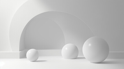 minimalist background design with elegant display of 3d white spheres and an arch set against a neutral backdrop