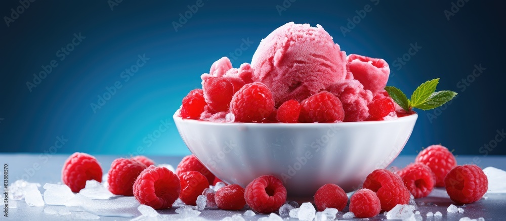 Poster A white bowl holds a tempting raspberry ice cream pop nestled among ice cubes garnished with vibrant red berries making a perfect copy space image