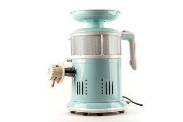A retro-style juicer with a pastel blue exterior and a manual hand crank isolated on a solid white background.